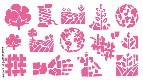 Pink abstract icons representing agriculture global trade and sustainable farming practices with cotton plants and fields