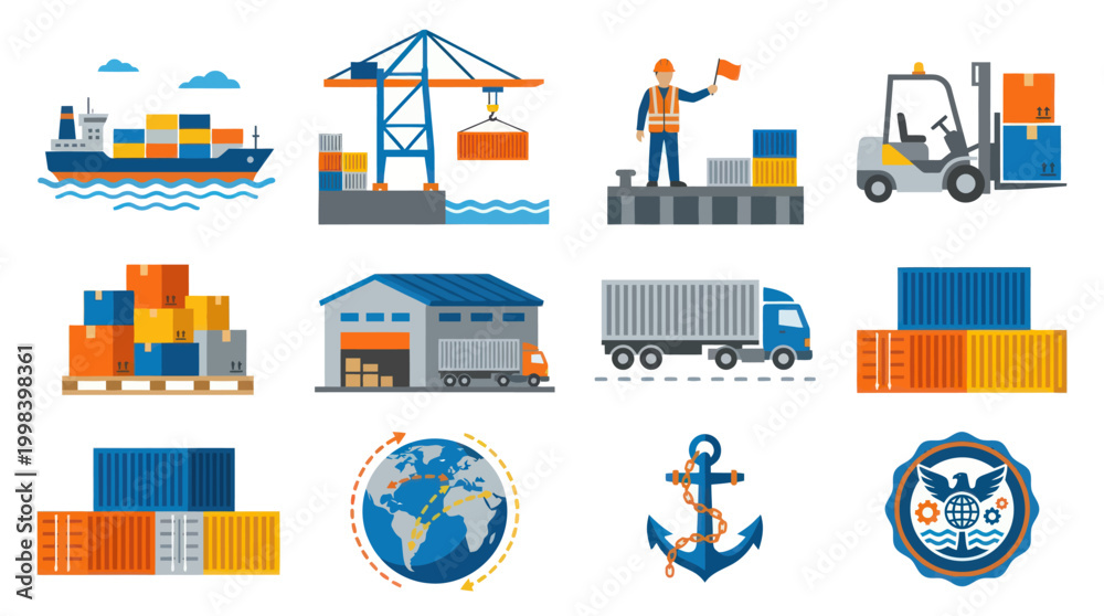 Fototapeta premium Flat Design Logistics Shipping Icons Set - Cargo, Delivery Transportation Vector Symbols