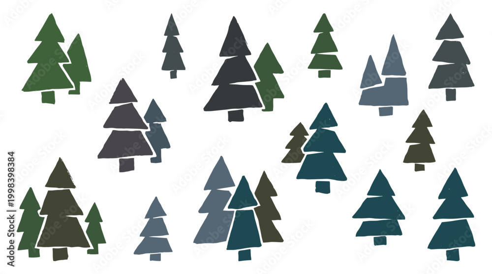 Obraz premium Abstract pattern of stylized evergreen trees in various shades of green and blue on a white background