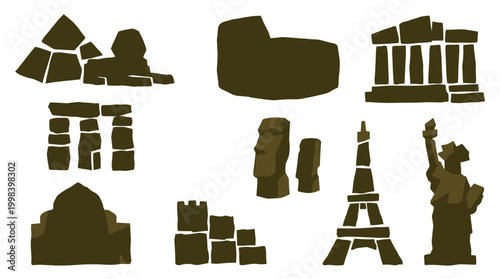 Collection of famous world landmarks and ancient monuments in a stylized silhouette design representing travel and history