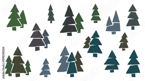Abstract pattern of stylized evergreen trees in various shades of green and blue on a white background