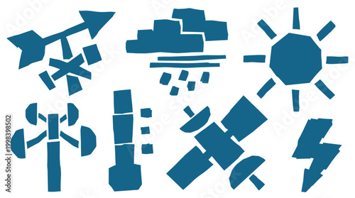 Collection of weather and technology icons representing meteorological phenomena and communication devices in a simple graphic style
