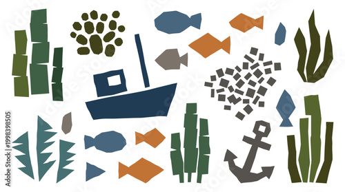 Whimsical underwater scene with a boat, fish, anchor, and aquatic plants in a playful, colorful, and abstract style