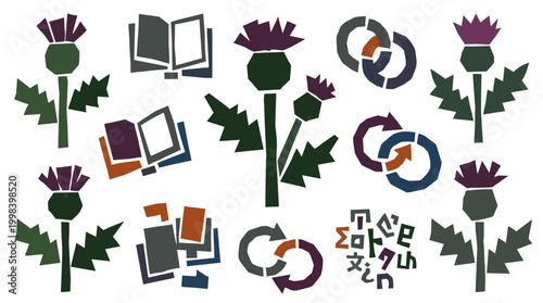 Scottish Thistle and Abstract Educational Symbols Representing Knowledge Learning and Research