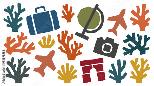 Colorful travel icons and symbols collage representing vacation adventure and exploration with airplanes globes suitcases and landmarks