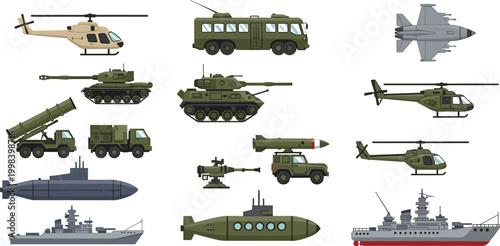 Military vehicles set with tanks, helicopters, fighter jets, submarines, ships and missile systems, army transport collection flat vector illustration isolated on white