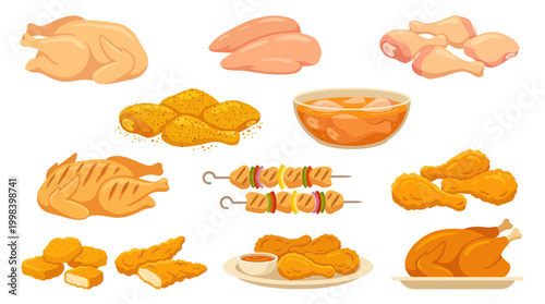 Food Industry Chicken Dishes Flat Vector Illustration Set: Raw, Roasted, Fried, Grilled, Nuggets