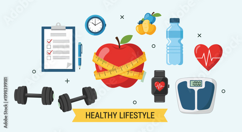 Comprehensive healthy lifestyle concept illustration featuring an apple with measuring tape, scale, dumbbells, water, and fitness icons.
