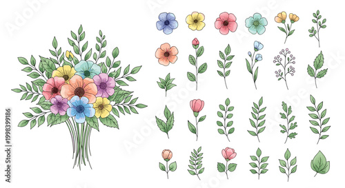 Beautiful floral bouquet and collection of individual hand-drawn wildflower elements and green leaves isolated on a white background.