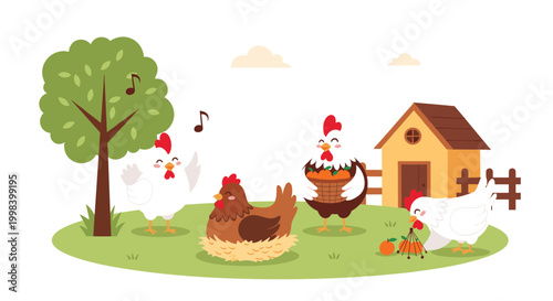 Happy chickens on a sunny farm with one hen sitting in a nest and others playing near a wooden coop and a fruit-bearing tree.