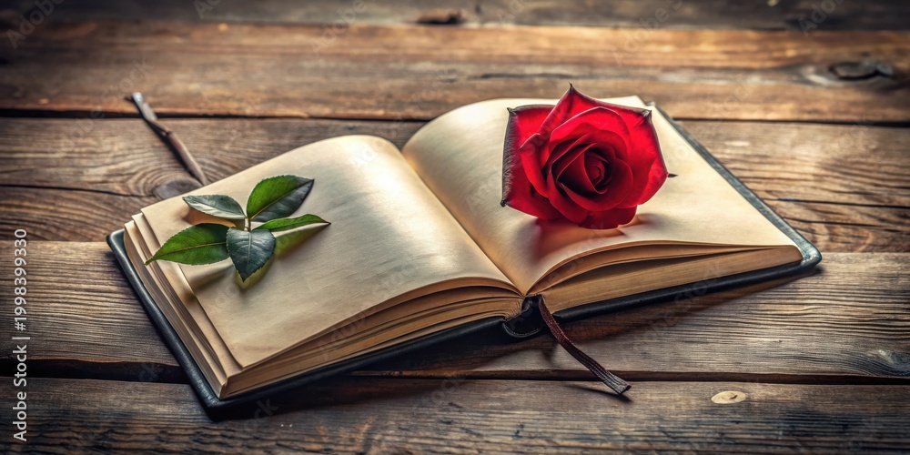 Fototapeta premium A crimson rose and verdant leaves rest gently upon the open pages of an antique book, situated on a rustic wooden surface.