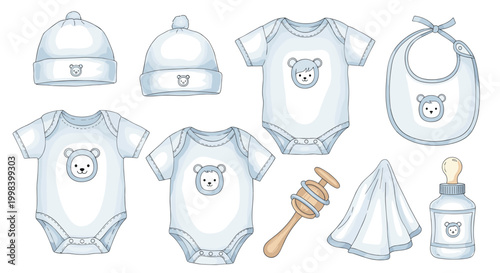 Adorable baby boy clothing and accessories set featuring bear-themed onesies, hats, a bib, a rattle, and a baby bottle.