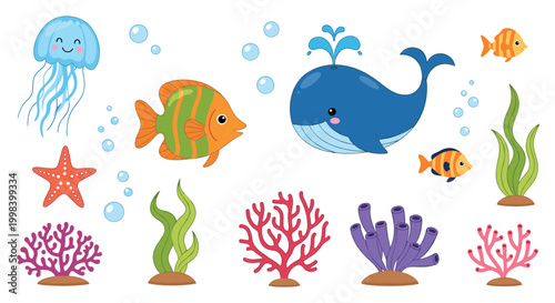 Adorable sea life collection including a whale, jellyfish, starfish, and colorful fish swimming among coral and seaweed.