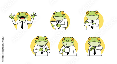Charming frog businessman character shown in various office poses like writing notes, drinking coffee, and checking time.