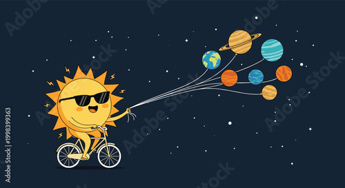 Whimsical cartoon sun wears sunglasses while riding a bicycle and holding planetary balloons on strings in deep space.