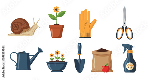 Essential gardening tools and objects including a snail, watering can, trowel, potted flowers, and garden gloves set.