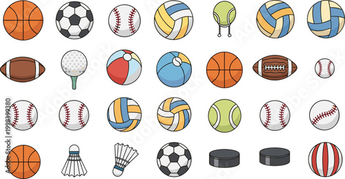 Sports balls cartoon set with basketball soccer baseball volleyball tennis and game equipment vector illustration