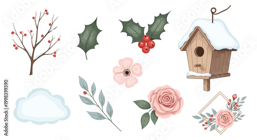 Winter nature elements including a snow covered birdhouse, berry branches, holly leaves, and delicate pink rose flowers.