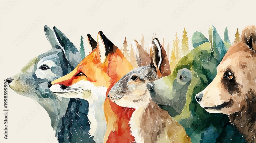 Fototapeta premium A beautiful watercolor painting depicts five forest animals (deer, fox, hare, raccoon, bear).