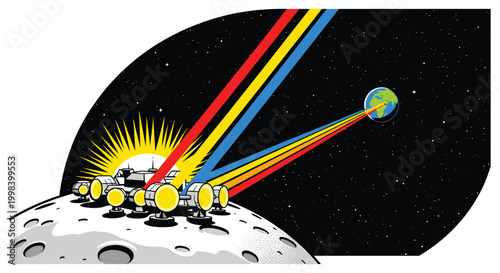 A retro-futuristic solar station on a cratered moon-like surface beams red, yellow, and blue light rays towards Earth in space.
