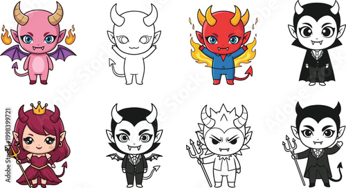 Cute Kawaii Devil and Vampire Character Set with Horns Tail Trident and Flames in Colored and Outline Style for Halloween Vector Illustration