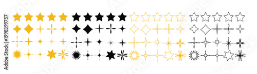 Star and Sparkle Icon Set with Glowing Twinkle Symbols in Flat and Outline Style Vector Set