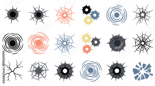 Set of cracked glass textures and bullet hole icons with spider web patterns vector.