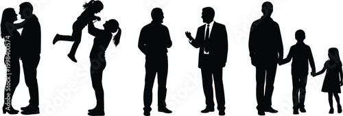 Collection of Black Silhouette People Including Happy Families Business Partners and Couples Standing Together on a Clean White Background for Design