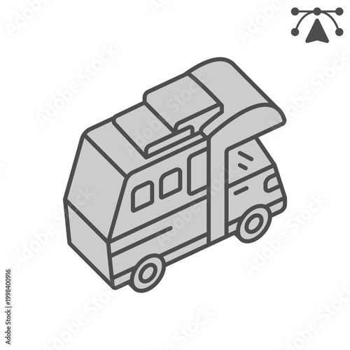Camper van isometric icon, motorhome, camping trailer concept. Vector graphics. Mobile housing, transport sign and editable stroke, outline style icon for mobile or web design.