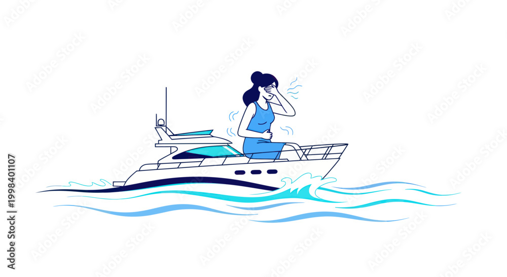 Naklejka premium Woman feeling seasick on a yacht, motion sickness on boat trip, illustration