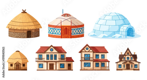 Diverse Dwelling Types: Igloo, Yurt, Hut, and Houses Collection