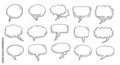 Collection of hand drawn speech bubbles and thought balloons in black and white style