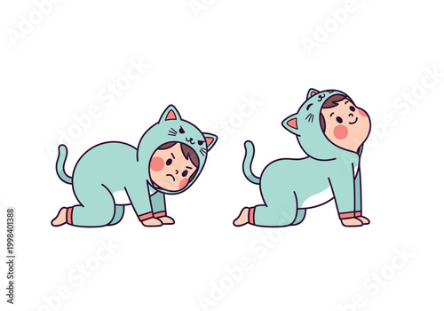 Flat vector illustration of a child crawling on all fours on a white background. Kawaii style. The "cat pose" exercise features a rounded back (angry cat) and an arched back (happy cat).