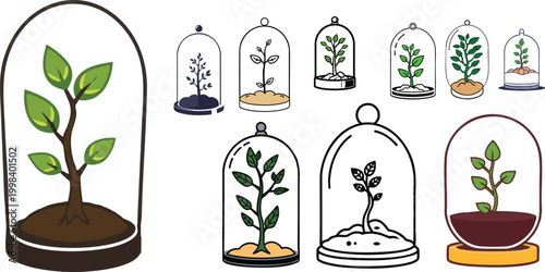 Vector Icon of a Tiny Tree Growing Inside a Glass Dome in Outline Style Featuring a Minimal Eco Terrarium Design on a White Background