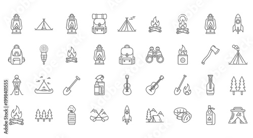 Camping and outdoor adventure line icons a comprehensive collection for enthusiasts and designers