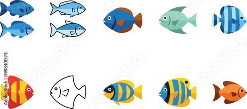 Colorful Tropical and Ocean Fish Icon Set Featuring Various Species in Flat Design and Outline Style for Marine Aquatic Life Vector Illustration