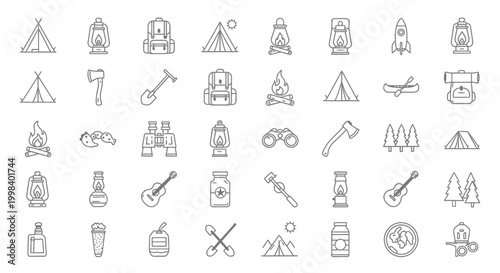 Camping and outdoor adventure line icons set a comprehensive collection for enthusiasts