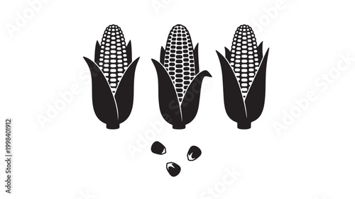 Corn on the cob icon set with black leaves and halftone kernels in a clean minimal flat style featuring vector-like, silhouette, farm with