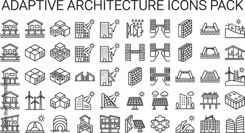 Detailed black outline icons representing adaptive architecture concepts including sustainable buildings, modern infrastructure designs, energy efficiency and smart urban planning solutions
