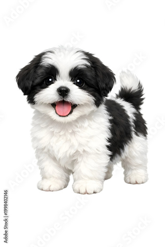 Realistic black and white Shih Tzu puppy sitting cute dog isolated transparent background