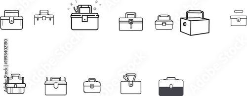 Vector Icon of a Toolbox in Outline Style Featuring a Rectangular Box with Handle on a Minimal White Background