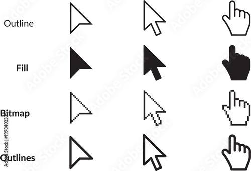 Collection of different computer mouse cursor pointers and hand icons with outlines fill and bitmap styles Free Download Collection of different computer mouse cursor pointers and hand icons with outlines fill and bitmap styles - GFXLoad