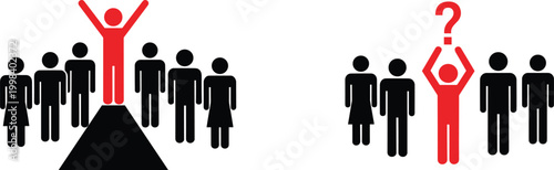 Red Leader Standing on Podium and Question Mark Person Among Black Crowd Icons for Leadership Success and Identity Concept Vector Illustration