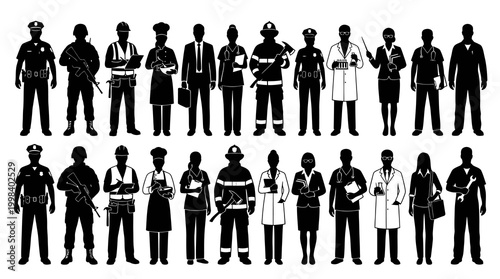 Diverse Professions Silhouette Set: Career Icons, Black  White Vector Art