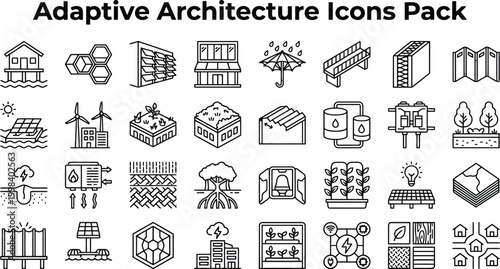 Detailed black and white adaptive architecture icons pack displaying sustainable building solutions for modern urban planning and environmental structural design
