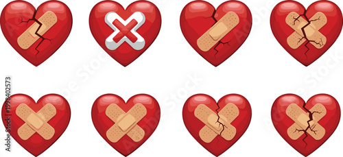 Broken Red Heart Icon Set with Bandage and Crack in Glossy Style for Love Hurt Pain and Emotional Healing Concept Vector Illustration