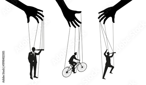 The puppet. A man-doll with manual controls on a white background, vector. Black and white image.	