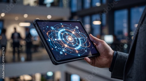 A hand holding a tablet displaying a vibrant digital galaxy visualization in a modern office setting