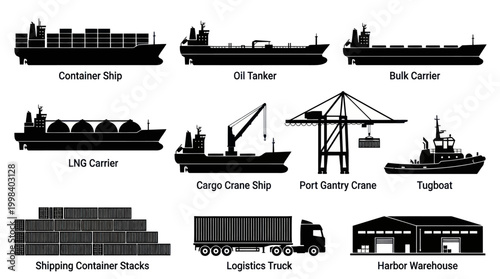 Black and White Vector Icons of Shipping and Logistics Industry Objects