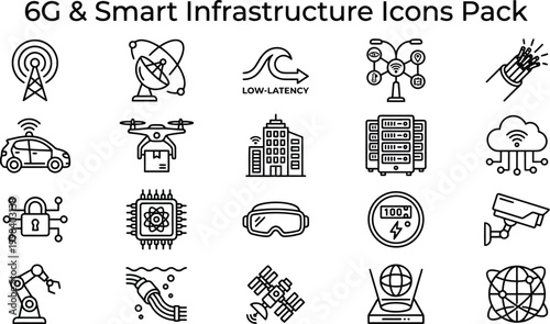 A comprehensive collection of 6G and smart infrastructure line icons representing advanced future communication, connectivity, and technology systems.